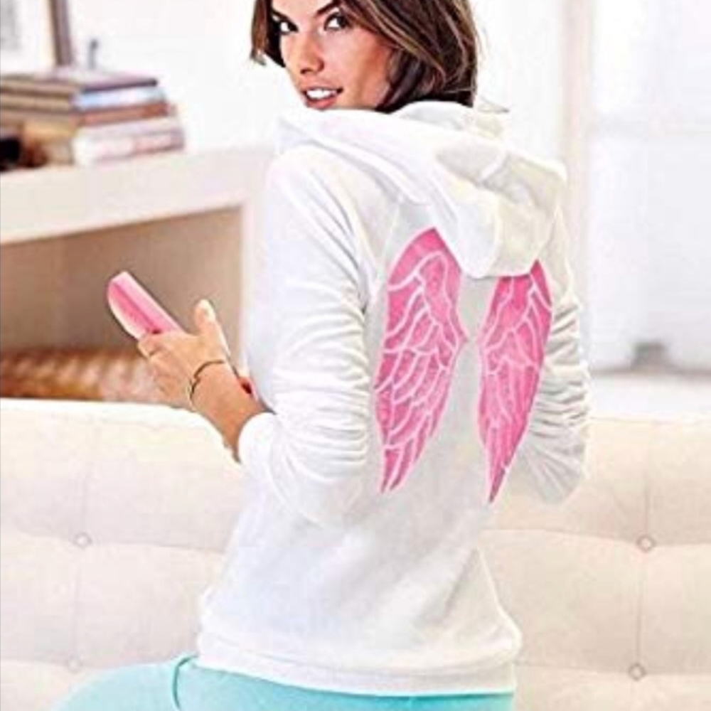 Victoria's Secret Sequin Angel Wings Hoodie L White Zip Up Model Off Duty Y2K